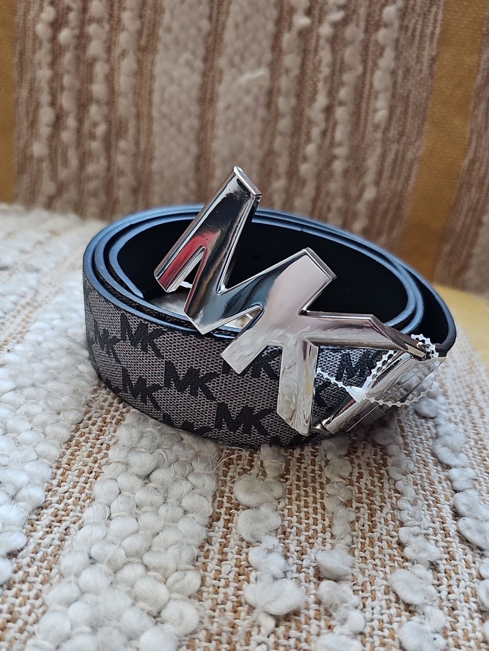 Michael Kors Gray MK Monogram Belt with Silver Logo Buckle